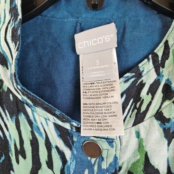 CHICOS Reversible Solid to Print Jacket Linen Blend Snap Front Pockets Sz 16/18 - Picture 7 of 10